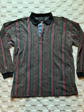 Deep Rivers Vintage Long-Sleeve Patterned Polo Shirt in Burgundy/Red and Green